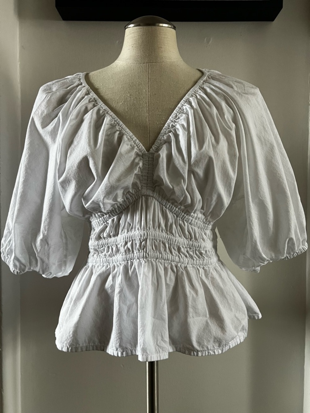 Old Navy White Smocked Peplum V-Neck Top with Puff Sleeves